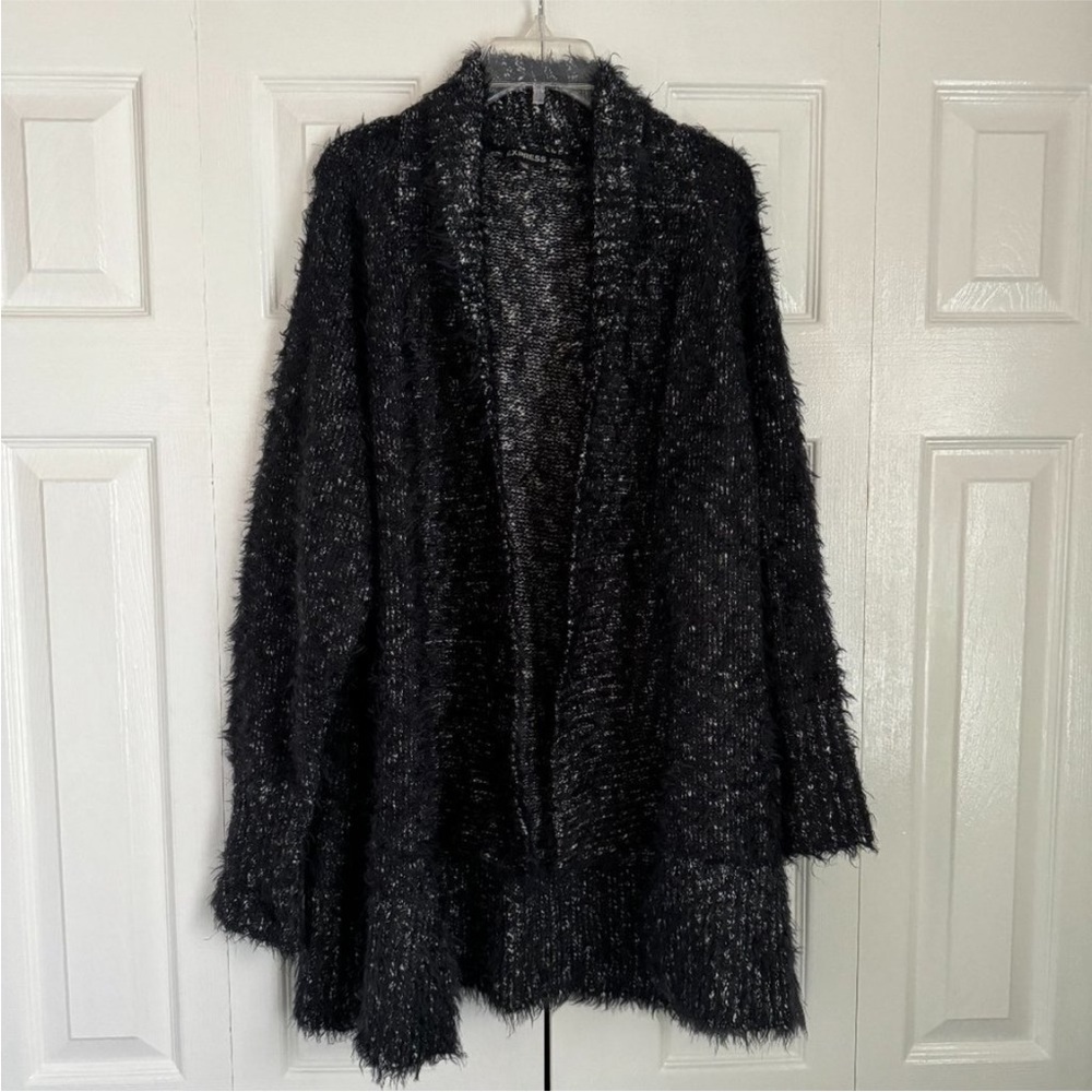Express Fuzzy Hooded Black & White Oversized Cardigan Sweater. Size M